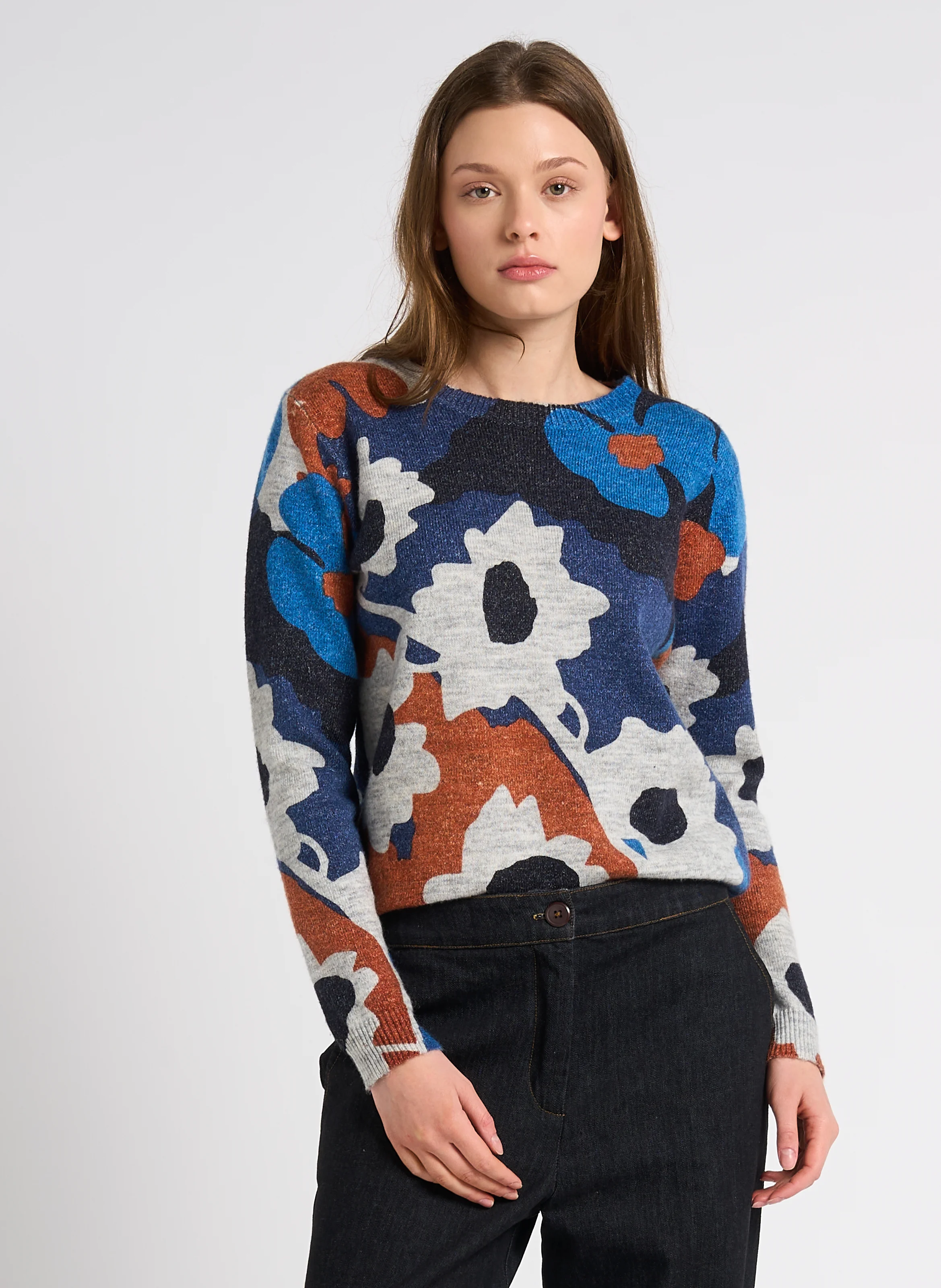 Pull col rond en jacquard| Bleu