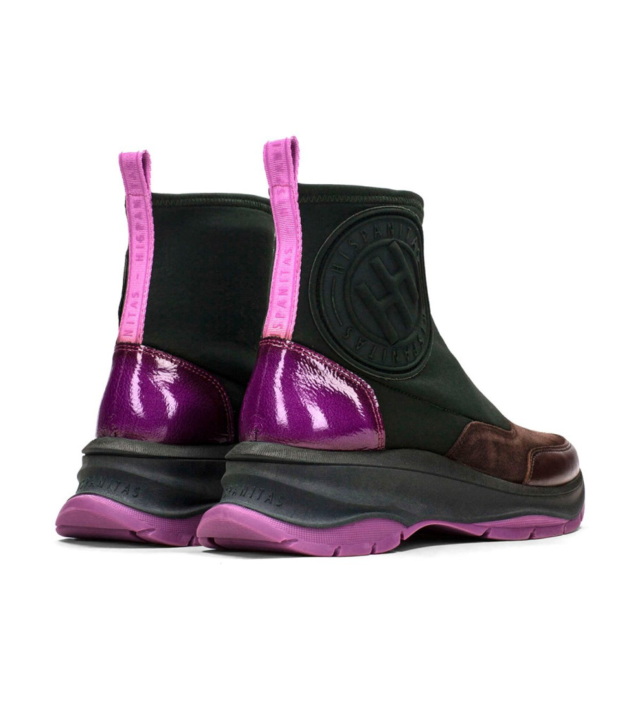 Tênis Hispanitas Alaska Forest Sport em couro, preto e lilás - Salto plataforma de 4,5 cm -