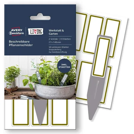 Avery Zweckform 62029 Beschreibbare Pflanzenschilder, Div. Formate, Schild 26 x 145 mm; Etikett 22 x 68 mm, 2 Stück/8 Etiketten, grau, weiß