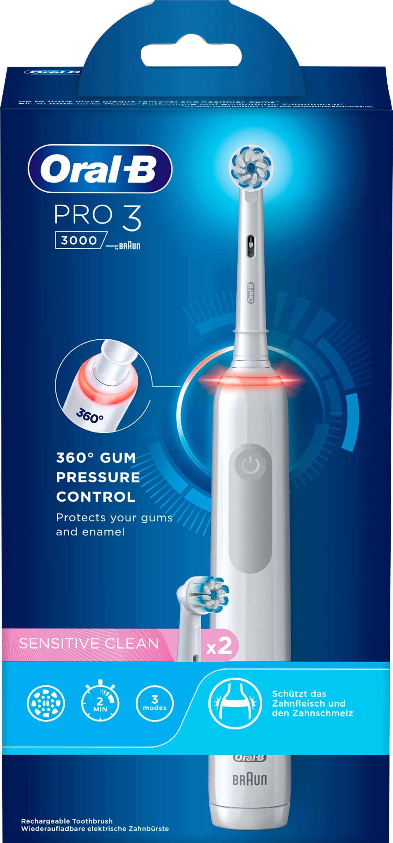 Pro 3 3000 Sensitive Clean Elektrische Zahnbürste mit Induktiver Ladestation / 2 Bürstenköpfen (760918) - Weiss