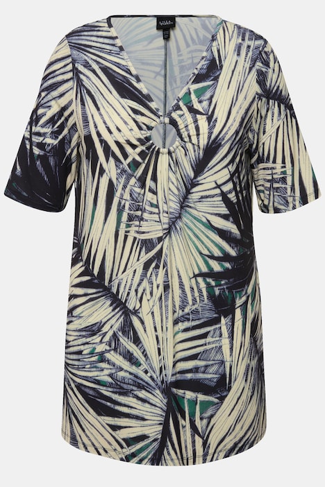 T-Shirt, Palmenblätter, Zierring, V-Ausschnitt, Halbarm