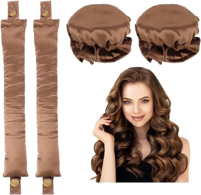 2-sæt Satin Heatless Hair Curler til at sove med om natten Brun