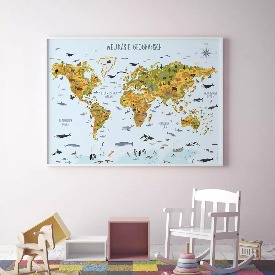 Nikima Poster Kinder Weltkarte Tiere geografisch - in 3 Größen bunt