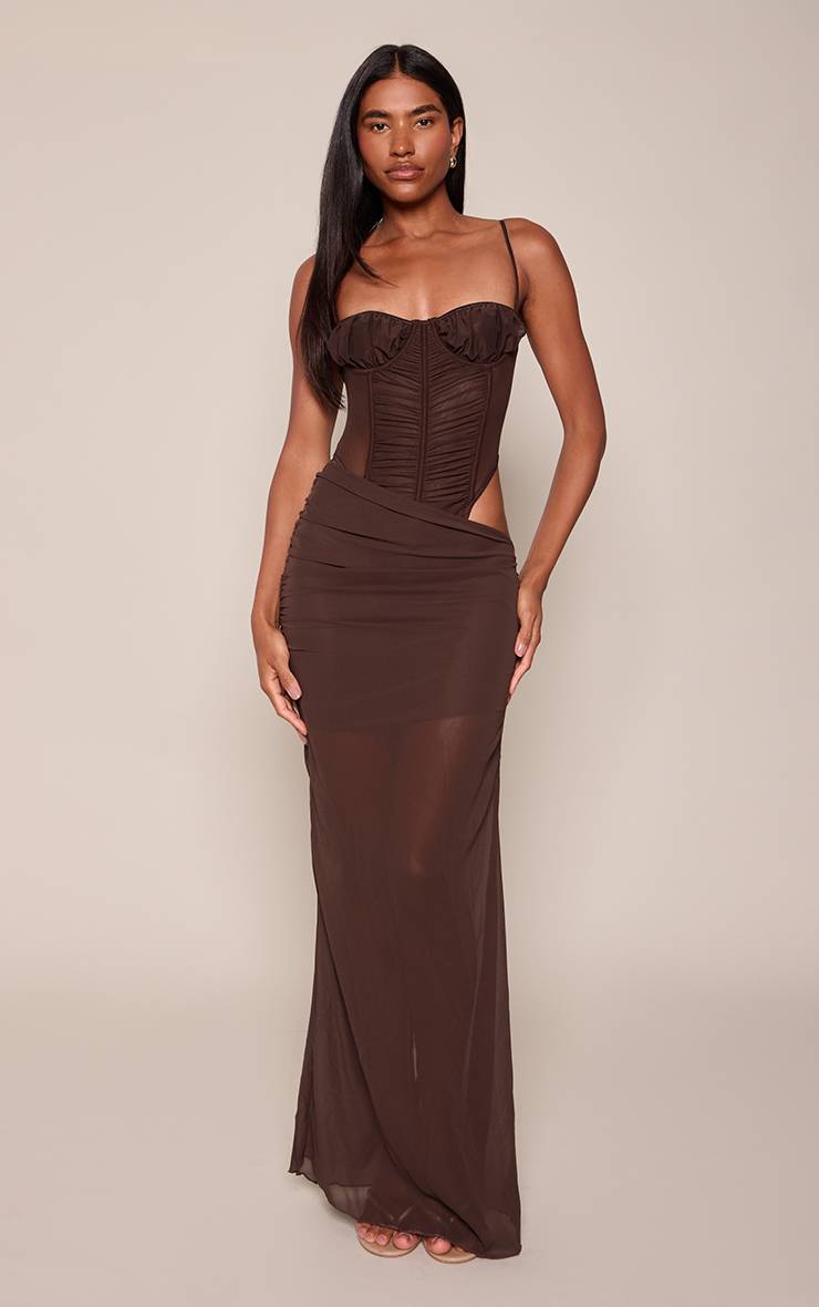 Chocolat Robe Longue En Mesh Froncée Avec Corset Et Découpes