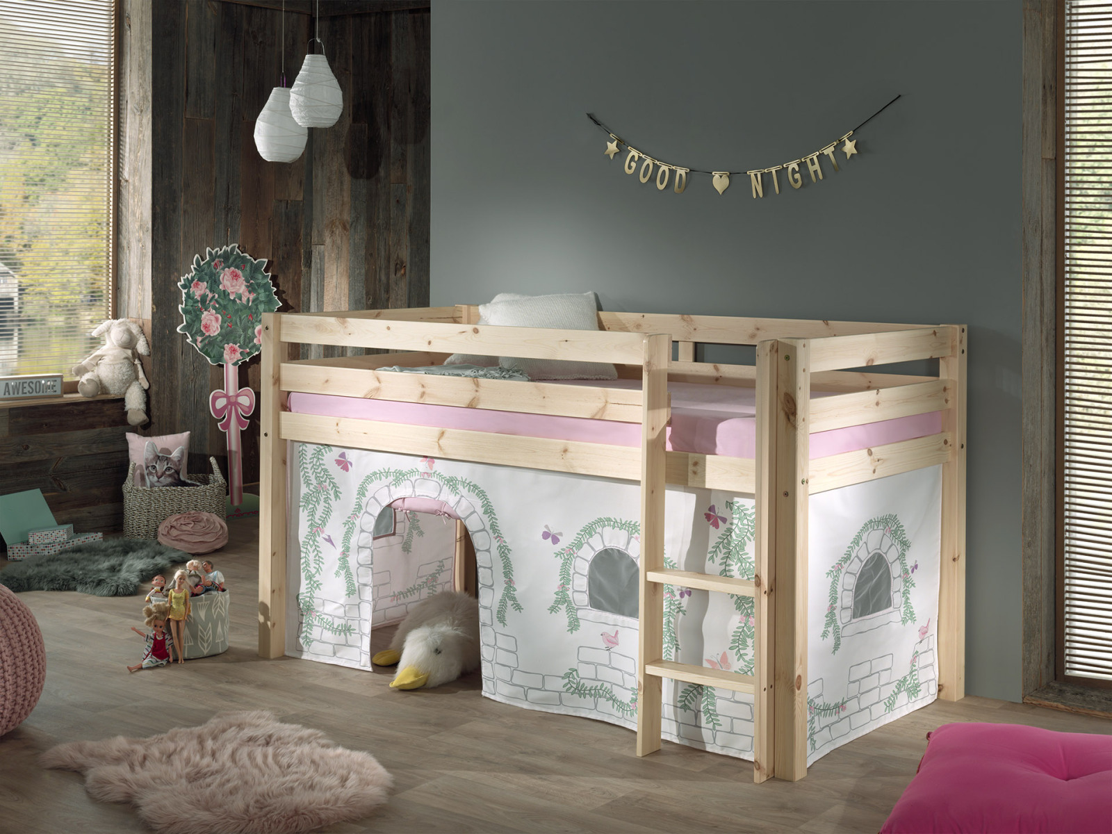 Spielbett PINO mit Vorhang BIRDY - natur - Kiefer - 90x200 cm