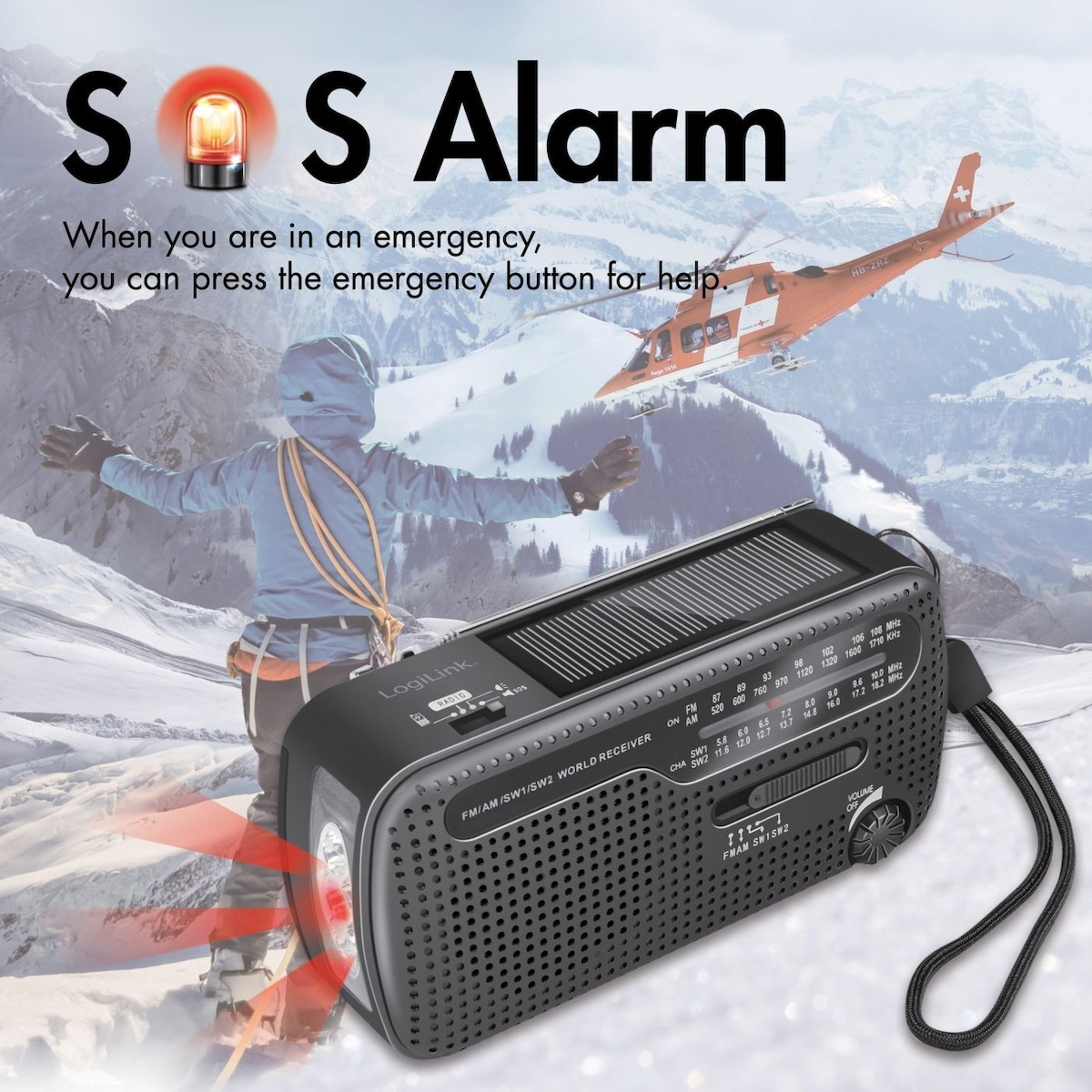 LogiLink Vevradio med ficklampa och solcell Svart