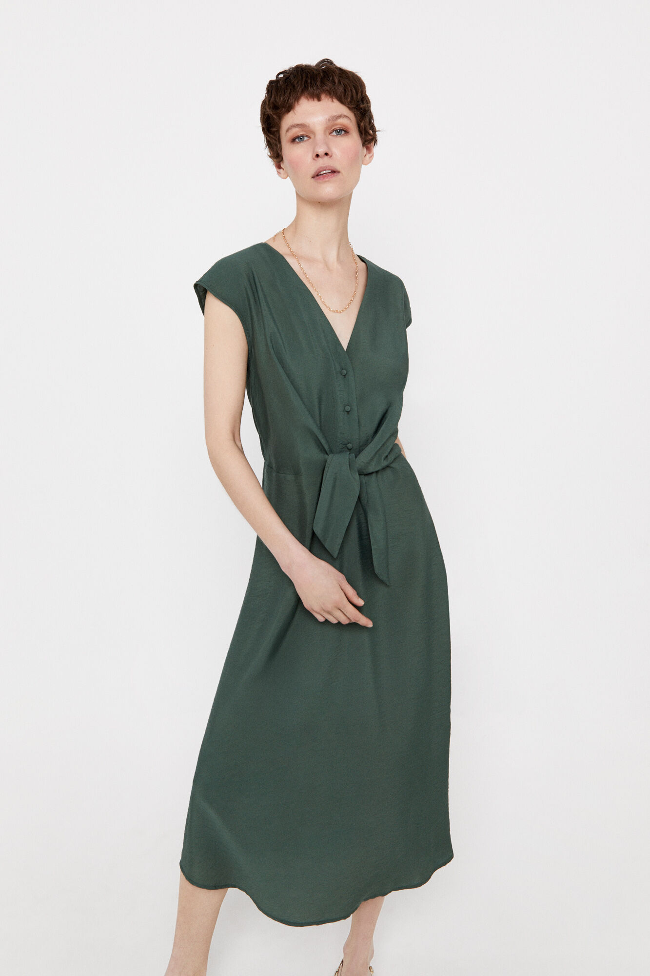 Vestido com amarração na cintura - Cáqui