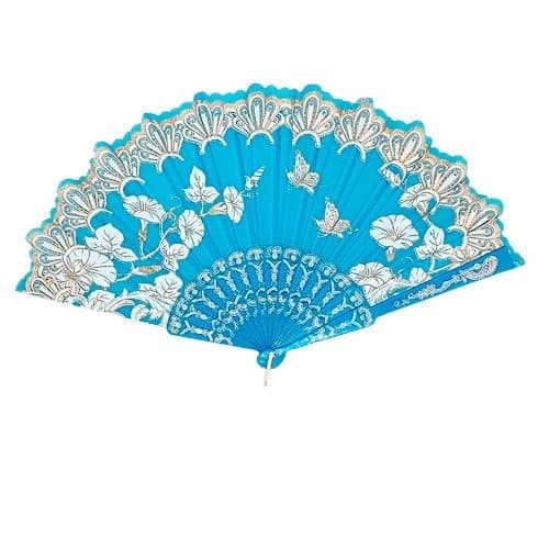 Vifte - Blomster og sommerfugler i chiffong [Plastbunn] - Turkis