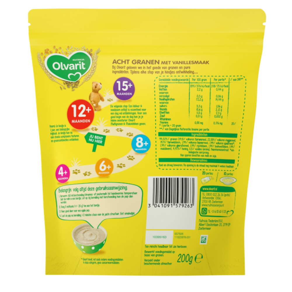 5x Olvarit Granenpap Acht Granen Vanillesmaak 12+ Maanden200 gr