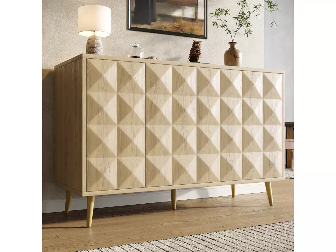 Buffet avec 4 portes gaufrée - 120 x 35 x 78 cm - MDF - pour salle à manger et salon - Naturel