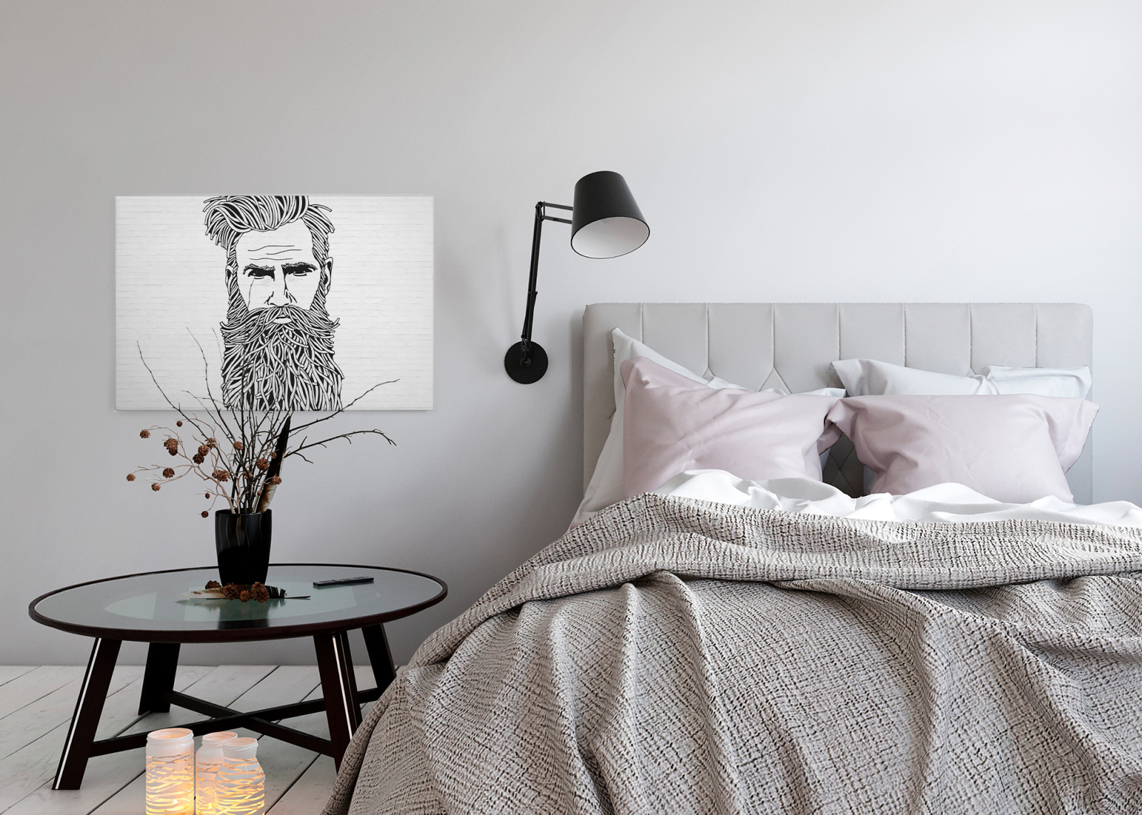 Leinwandbild MANN MIT BART - schwarz-weiß - 90x60 cm