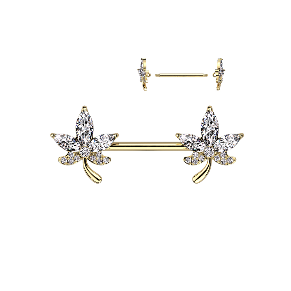 (19mm) Barbell 316L Chirurgenstahl Brustwarzen Piercing mit Gewindeverschluss Blatt mit Strass - Gold
