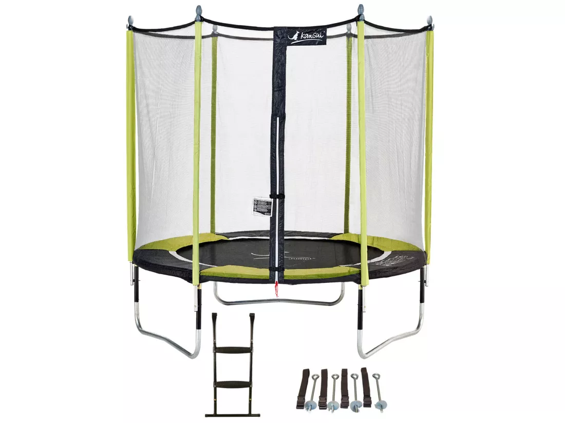 Kangui - Trampoline de jardin 244 cm + filet de sécurité + échelle + kit d'ancrage JUMPI Vert/Noir 250