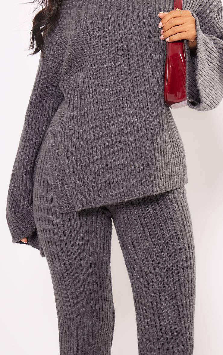 Charbon Pantalon Petite Large En Maille Côtelée