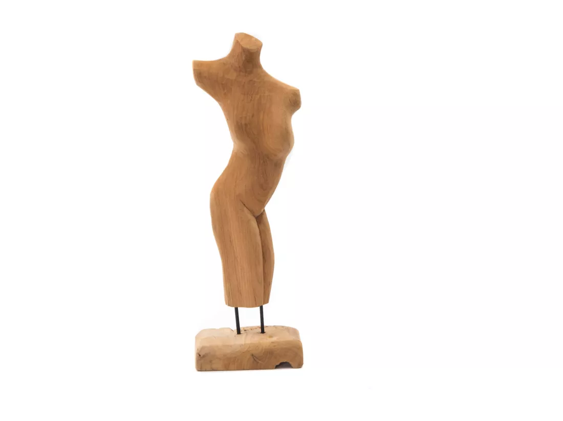 SCULPTURE torse 57 cm, bois de teck sur socle couleurs naturelles