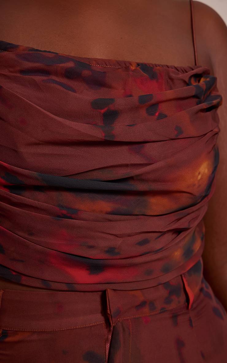 Marron Haut Grande Taille Imprimé En Mousseline Avec Fronces Latérales Et Bretelles