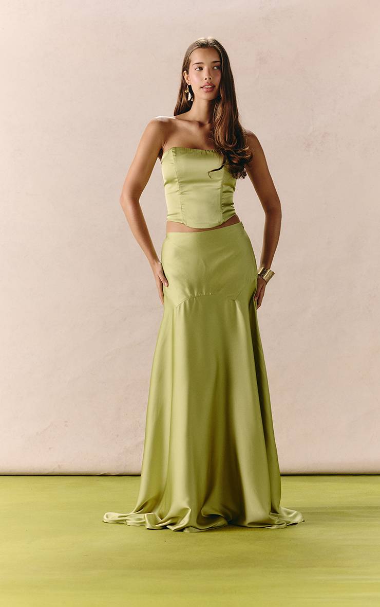Vert Pomme Jupe Maxi Queue-de-poisson En Satin Coordonnée