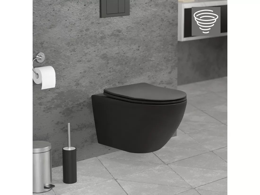 WC suspendu long chasse d'eau tornado noir mat avec siège de toilette Softclose