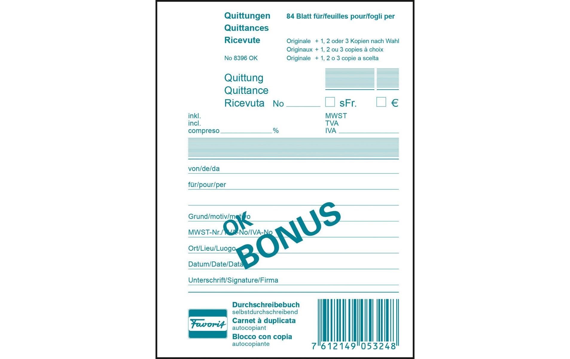 Durchschreibeblock 104 x 144 mm Quittungen Bonus, 84 BlattQuittungen in D/F/I