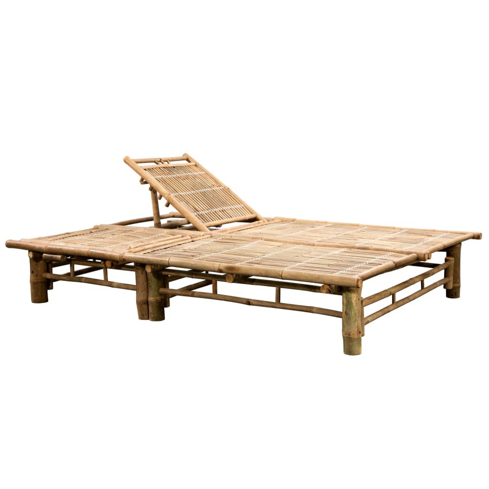 Transat chaise longue bain de soleil lit de jardin terrasse meuble d'extérieur pour 2 personnes avec coussins bambou 02_00129