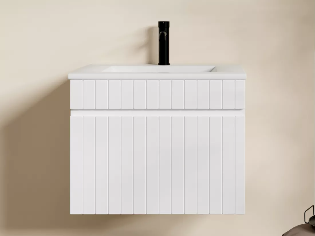 Meuble de salle de bain suspendu strié blanc avec vasque à encastrer - 60 cm - SATARA