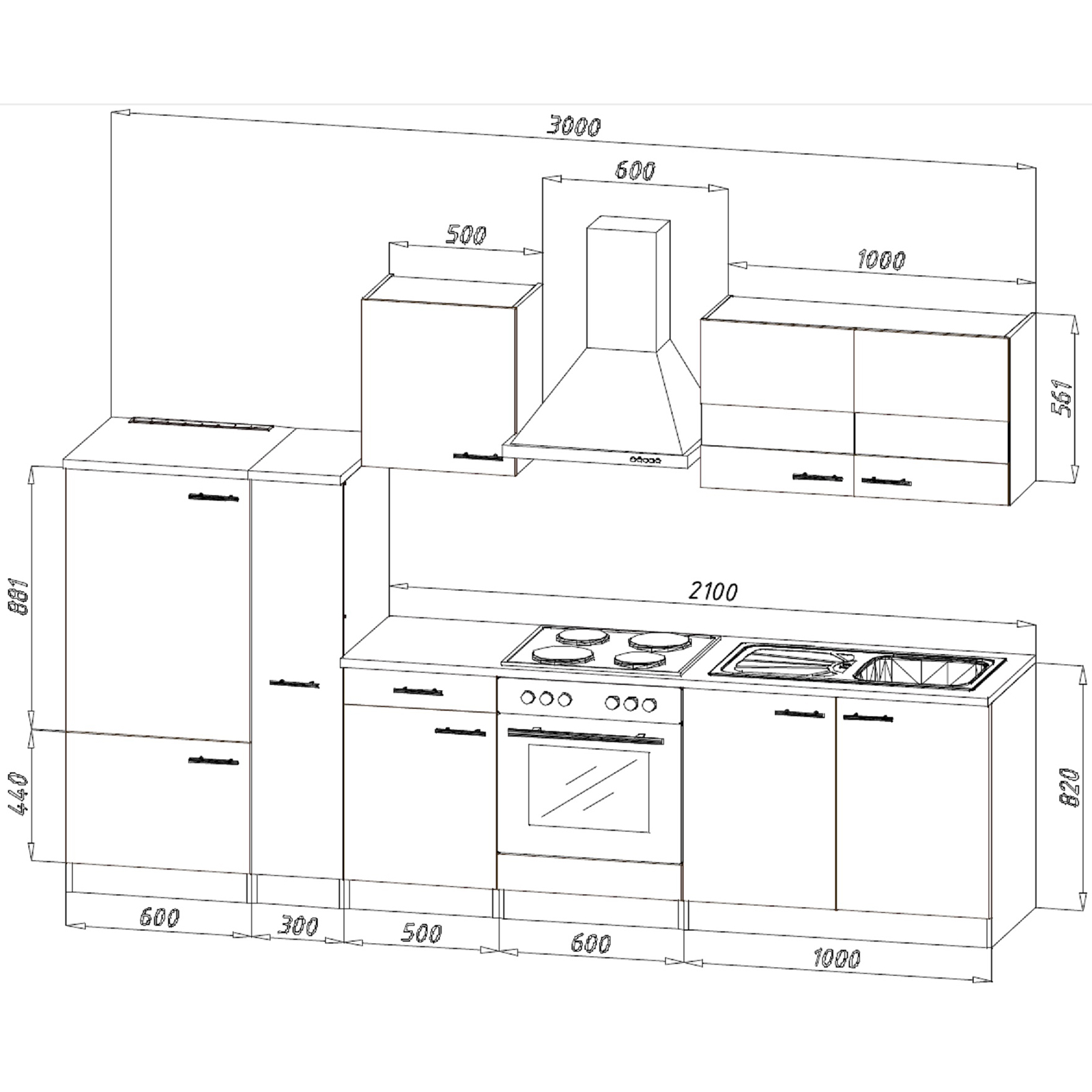 RESPEKTA Küchenzeile - rot - Eiche sägerau - mit E-Geräten - 300 cm