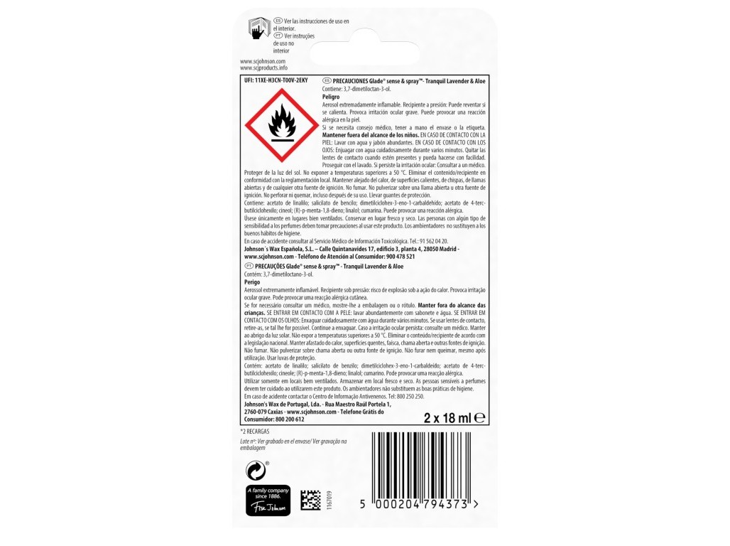 AMBIENTADOR GLADE SENSE & SPRAY RECARGA LAVANDA 2X18ML