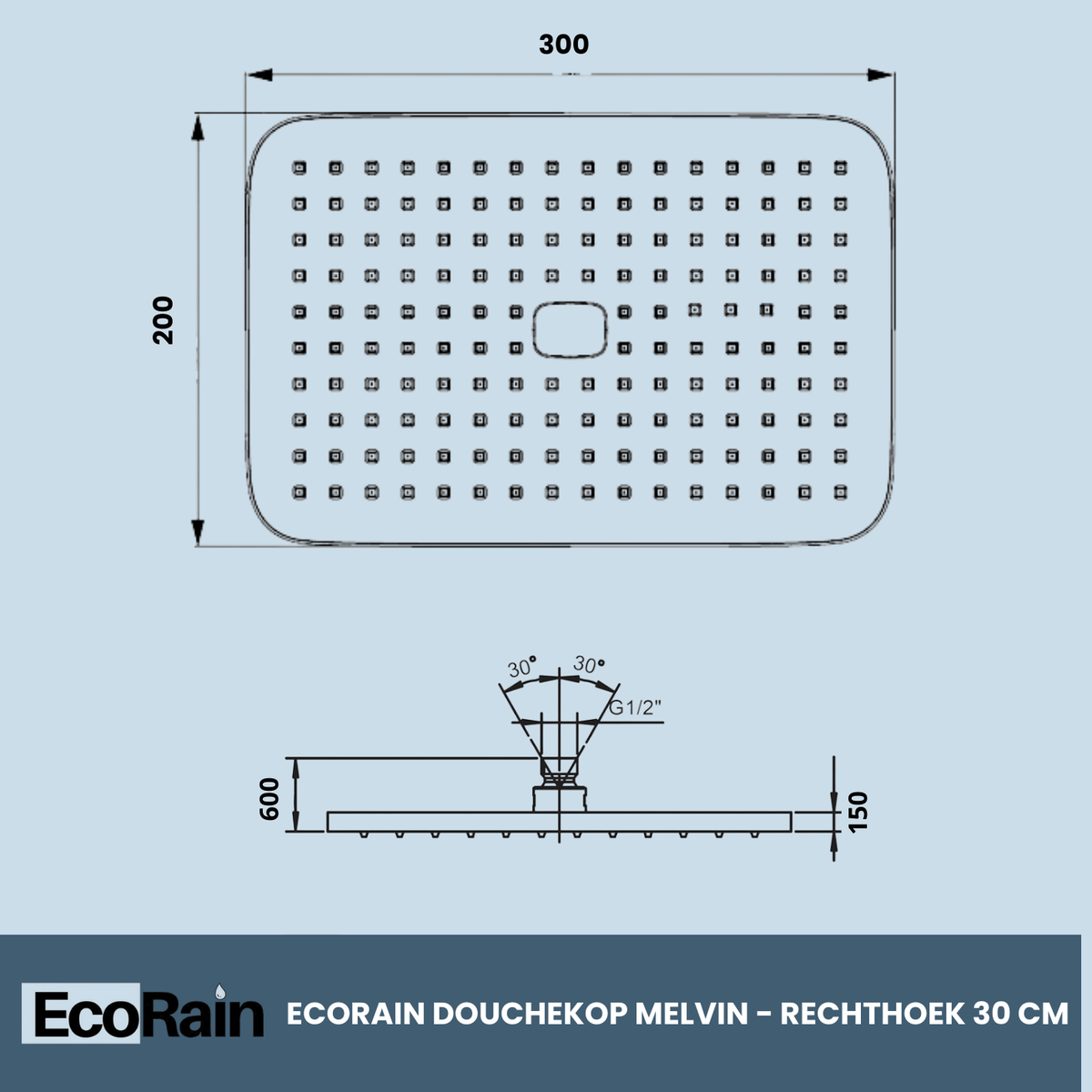 EcoRain Waterbesparende Regendouchekop Melvin XL 30 cm Zwart met Douchearm - 30% Waterbesparing - Waterbesparende Douchekop - Rechthoekige Regendouchekop - Universeel - Verbrandingsbestendige Douchekop