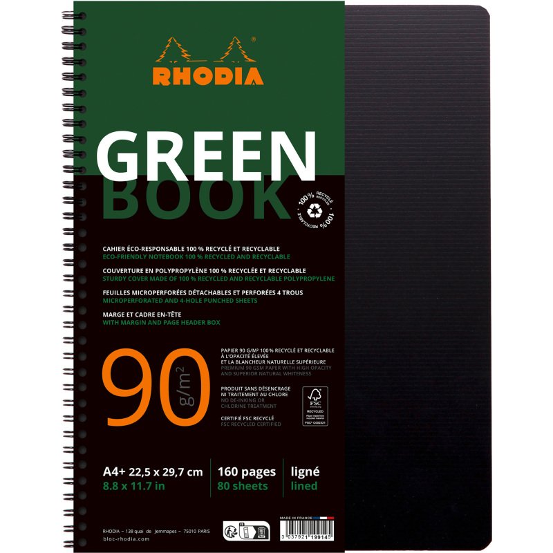 Cahier spirale Rhodia Greenbook A4+ 22,5 x 29,7 cm - ligné - perforé 4 trous - 160 pages - couverture polypropylène
