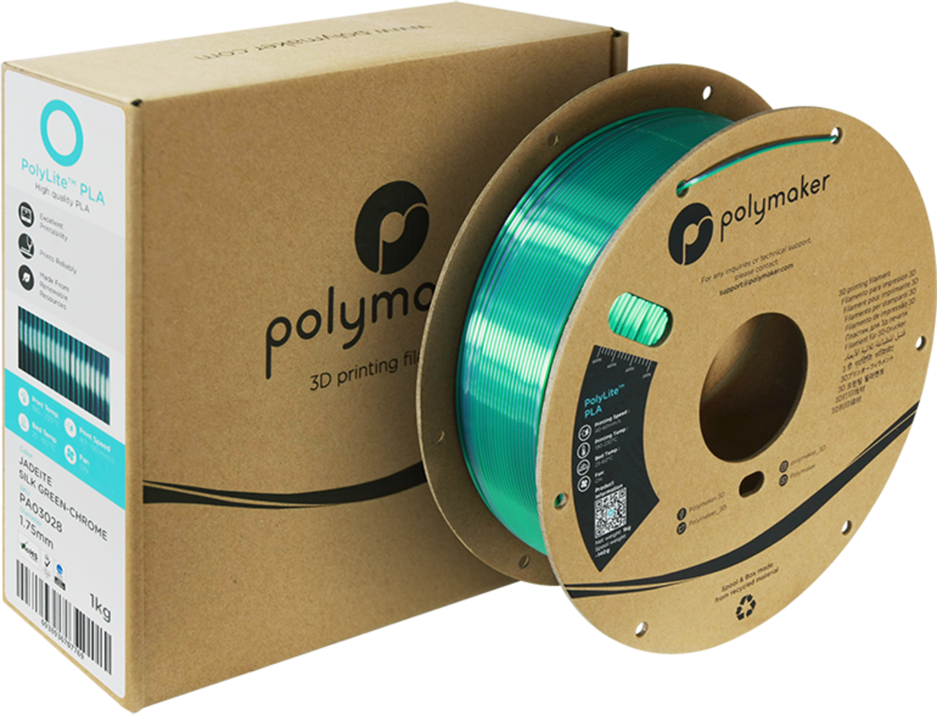 Polymaker  PolyLite Dual Silk PLA Jadeite Green-Chrome, 1,75 mm / 1000 g    Zweifarbiges PLA-Filament mit seidigem Finish