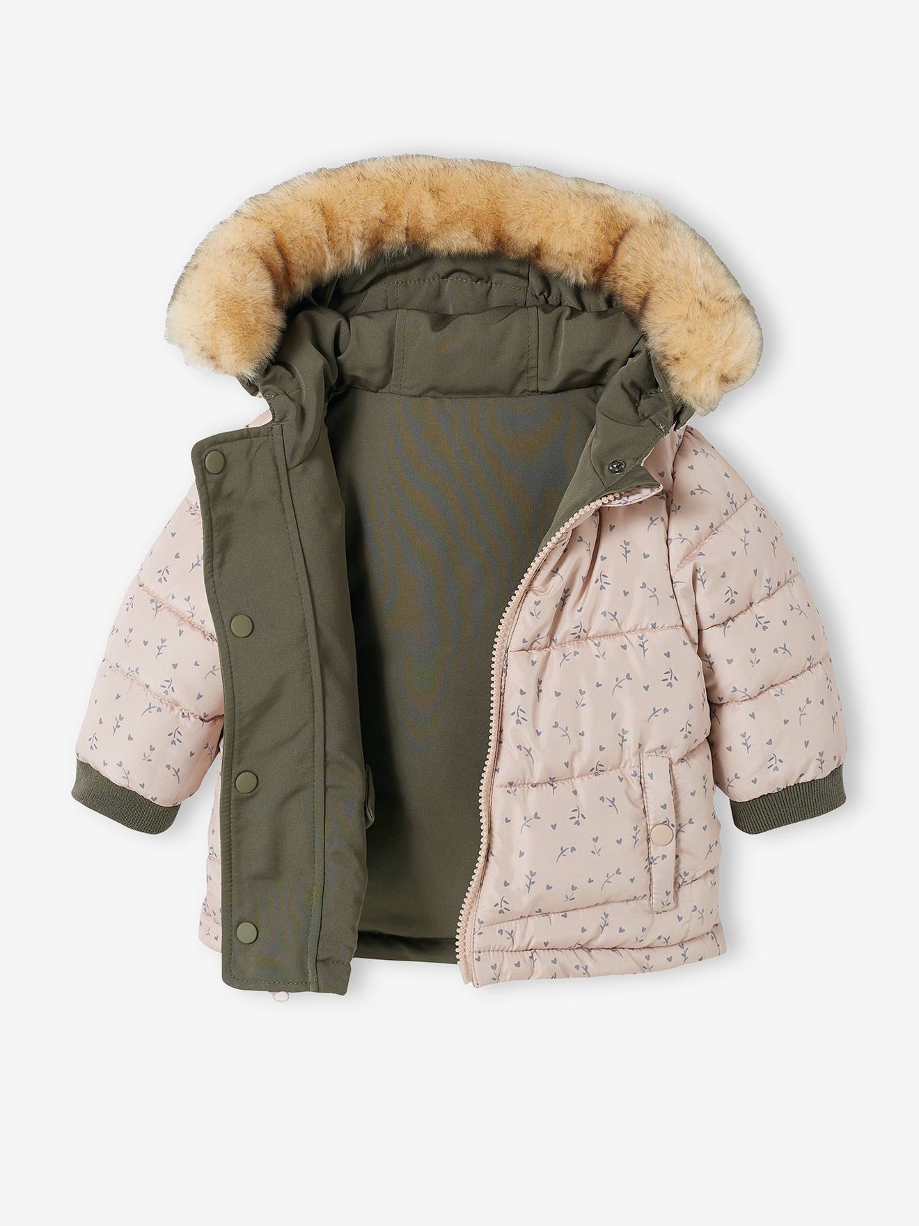 Parka reversível para bebê, com enchimento de poliéster reciclado, verde médio liso com estampas.