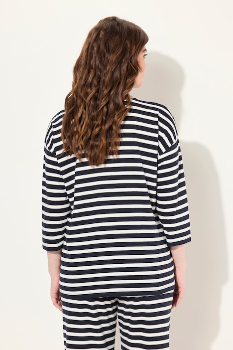 Pyjama-Shirt, Ringel, V-Ausschnitt, 3/4-Arm, Biobaumwolle
