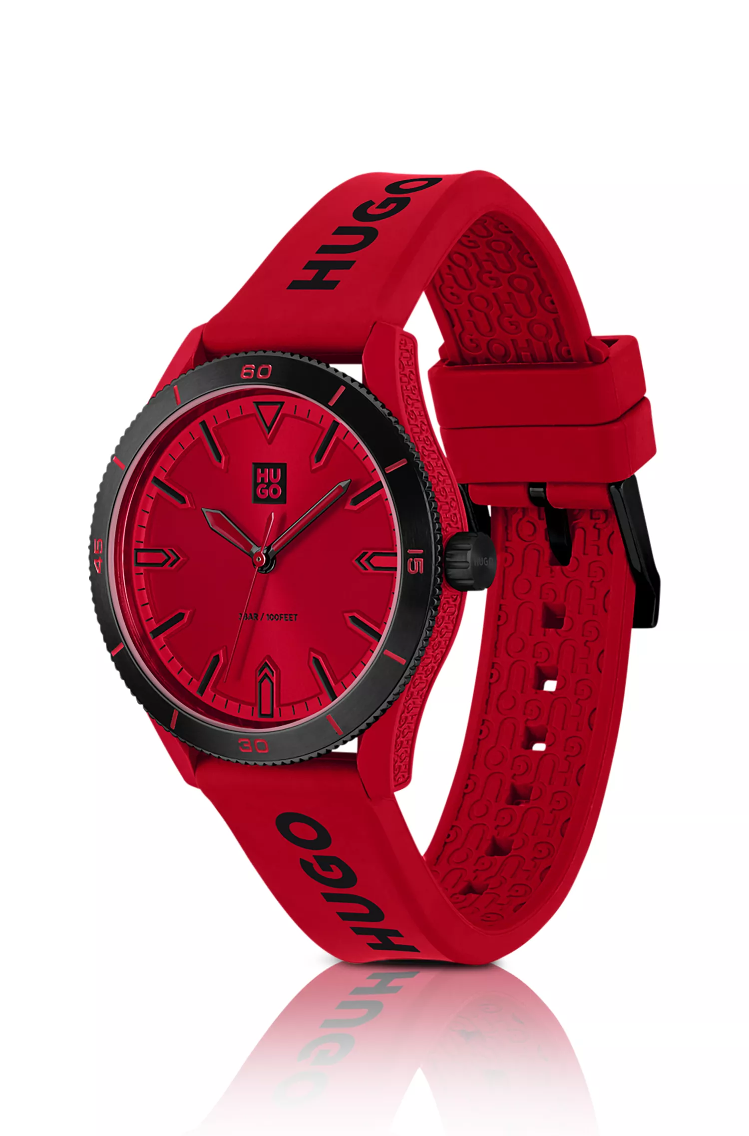 Relógio HUGO com mostrador vermelho e pulseira de silicone vermelha.