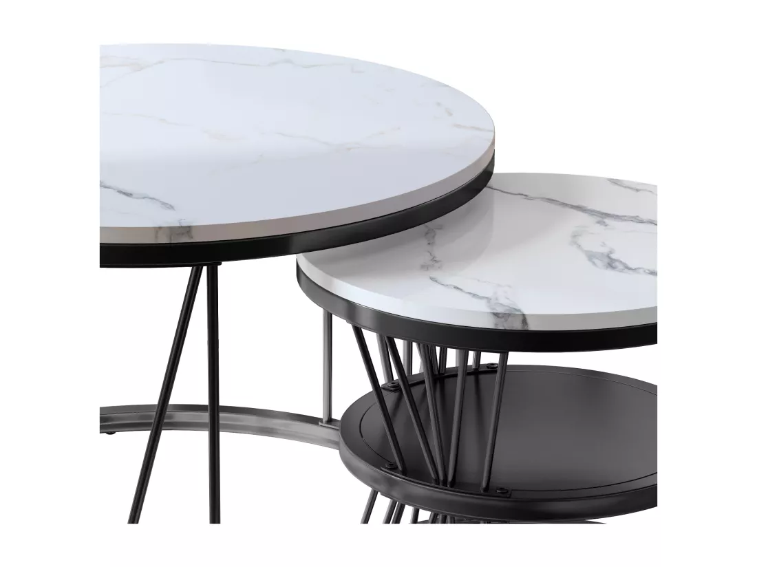 Lot de 2 tables basses rondes modernes avec structure en marbre pour salon, salle de réception, balcon et bureau - Structure en métal - 70 x 70 x 45 cm - Noir - 70 x 70 x 45 cm