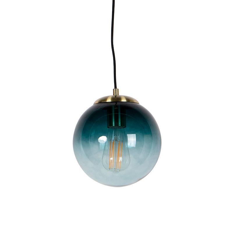 Art deco hanglamp messing met oceaanblauw glas 20 cm - Pallon