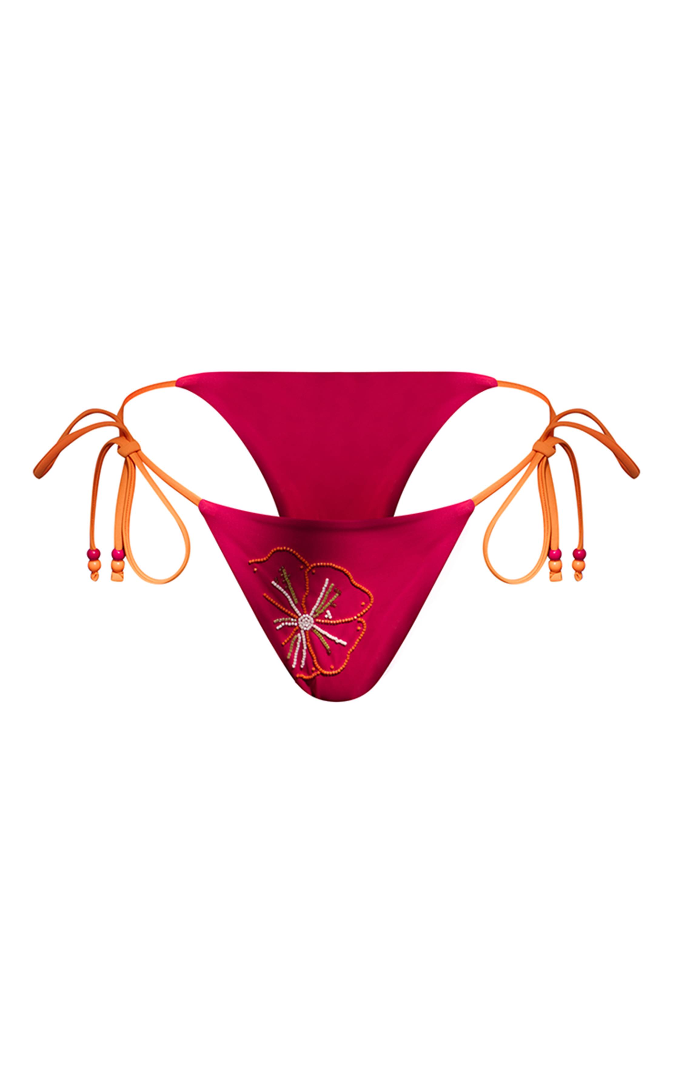 Fuchsia Bas De Bikini À Nouer Sur Les Côtés Avec Hibiscus Perlé