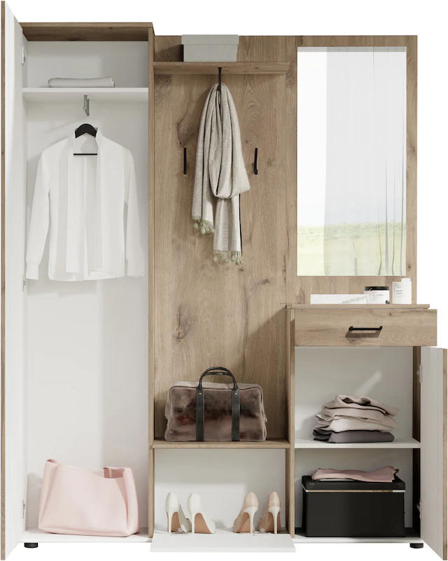 HBZ Kompaktgarderobe »Jens mit Spiegel, Flurgarderobe BxHxT 145x184x29 cm« 1 Stk. tlg. Mit Hochschrank, Bank, Paneel und Kommode