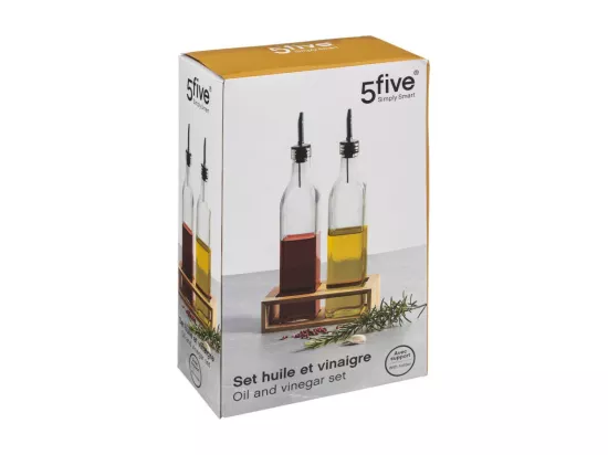 Set bouteilles huile et vinaigre en verre avec support bambou - Transparent - 0,48 l