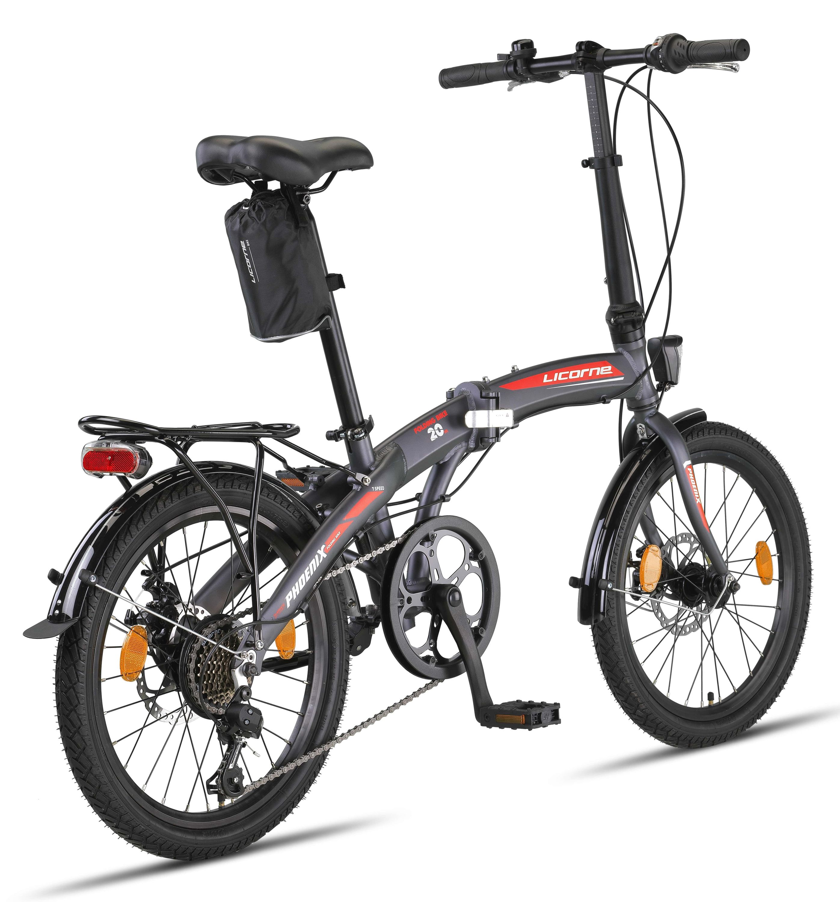 Licorne Bike Phoenix 2D, 20 Zoll Aluminium-Faltrad-Klapprad, Scheibenbremse, Discbremse, V-Bremse Faltfahrrad-Herren-Damen, 7 Gang Kettenschaltung - Folding City Bike, Alu-Rahmen, StVZO, Vorderlampe, Hinterlampe