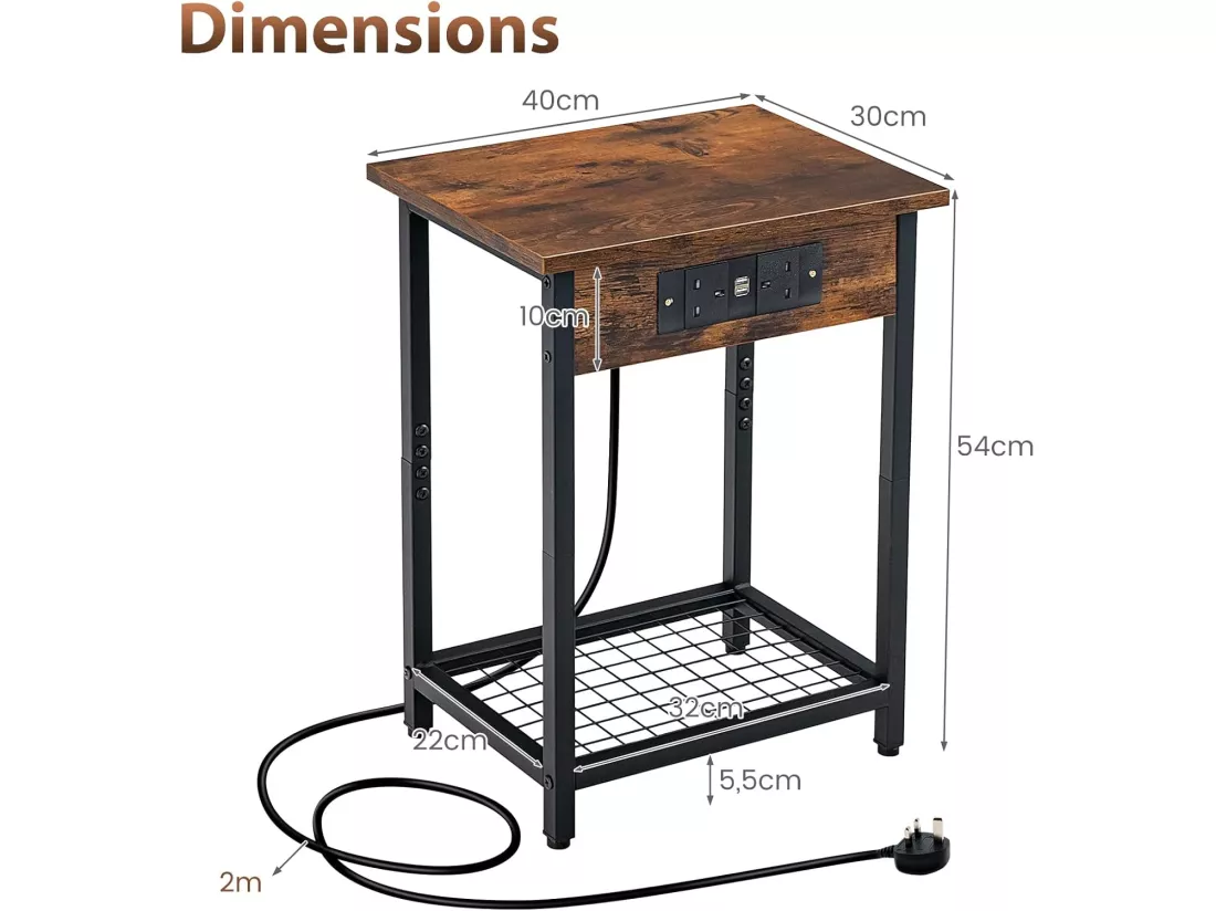 Table de Chevet Lot de 2 avec Station de Recharge, Table d'Appoint Industrielle avec Étagère de Rangement, Cadre en Métal Robuste, Bout de Canapé pour Chambre, Salon, Marron Rustique
