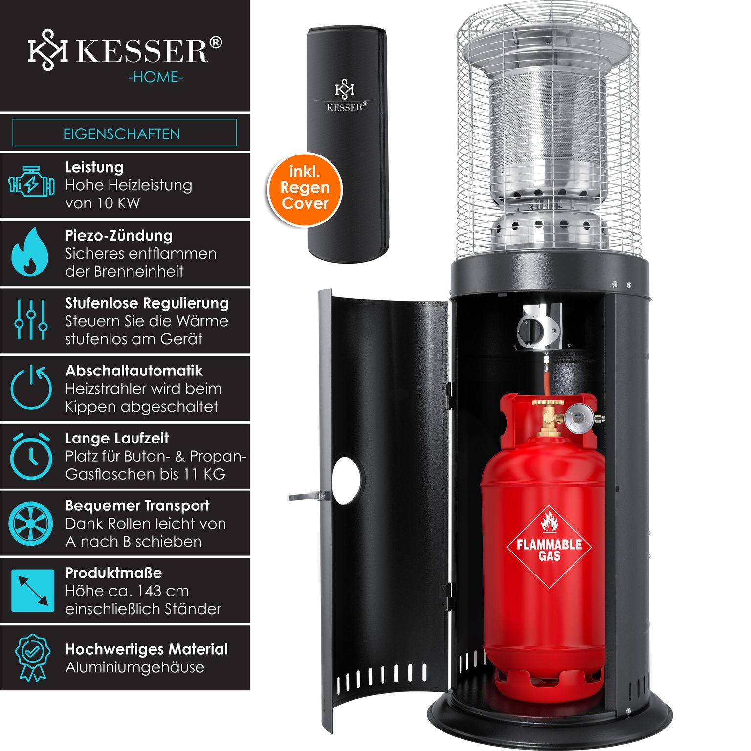 KESSER® Heizstrahler Gas KE12 Heizpilz für Terrasse Terrassenheizer Terrassenheizstrahler , Freiluftheizung 10 kW Gasheizstrahler gasheizer , Wärmestrahler, Heizgerät - inkl. Schutzhülle Edelstahl