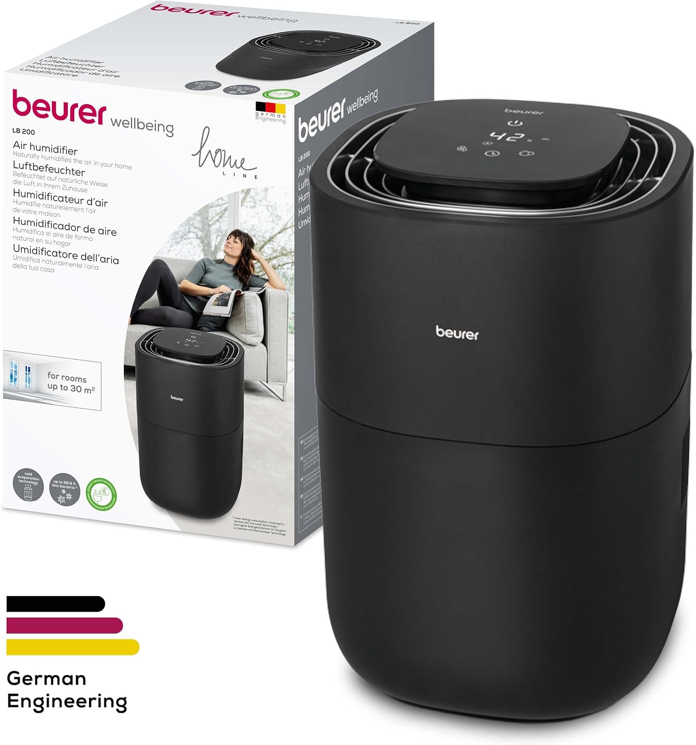 Beurer LB 200 Luftbefeuchter mit energieeffizienter Kaltverdunstungstechnologie, hygienische konstante Befeuchtung der Luft, mit Filtertrocknungsfunktion, 3 Befeuchtungsstufen, für Räume bis ca. 30m²