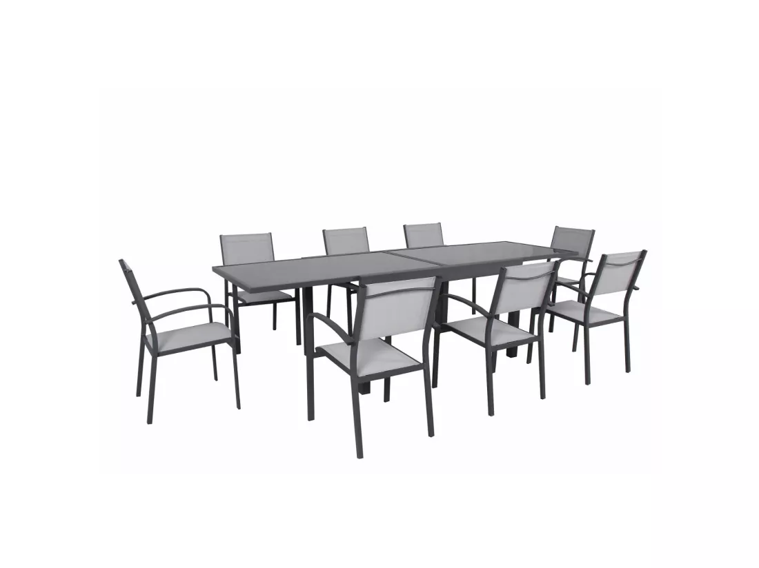 Table de jardin extensible aluminium 270cm + 8 fauteuils empilables textilène anthracite gris - LIO 8