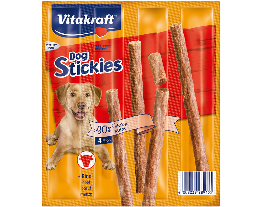 SNACKS PARA CÃO VITAKRAFT DOG STICKIES COM VACA PACK 4 UNIDADES