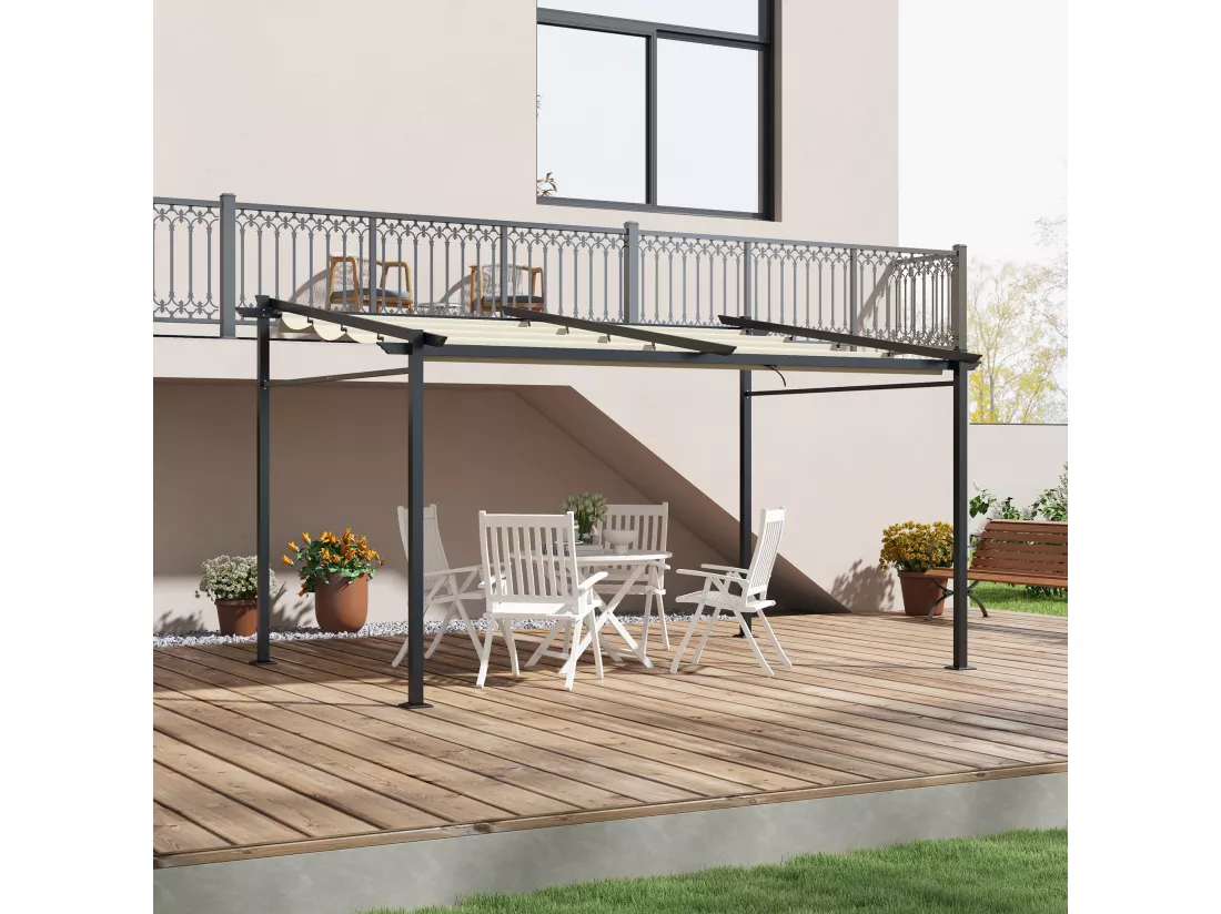 Pergola rétractable 3,97L x 2,95l x 2,3H m structure alu. acier époxy polyester beige