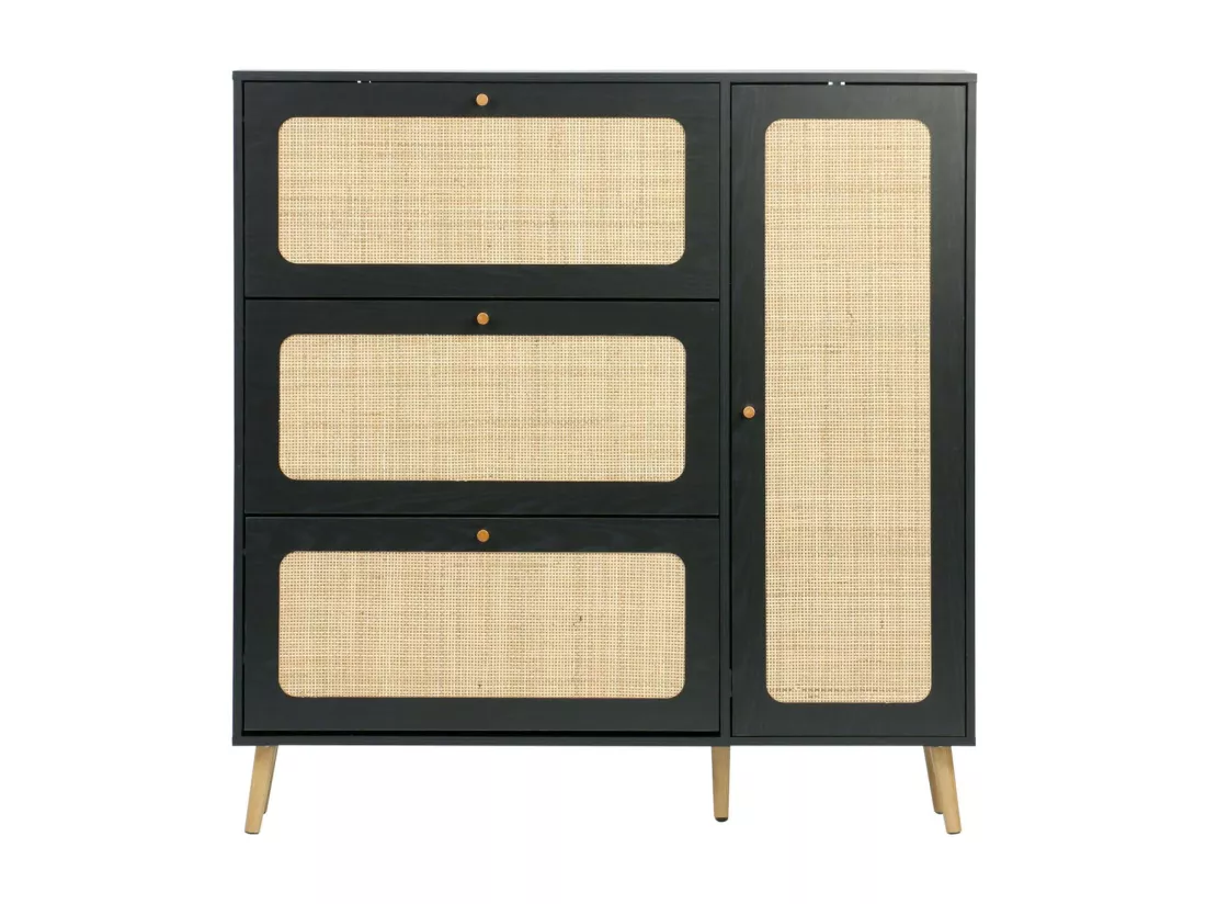 Meuble à chaussure cannage Bohème noir. 3 tiroirs. 1 porte. 21 paires. 120 x 24 x 125 cm