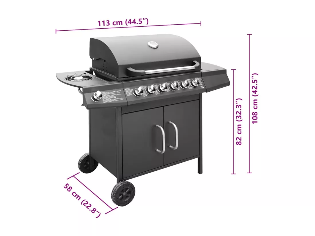 Barbecue à gaz 6 + 1 zone de cuisson Noir