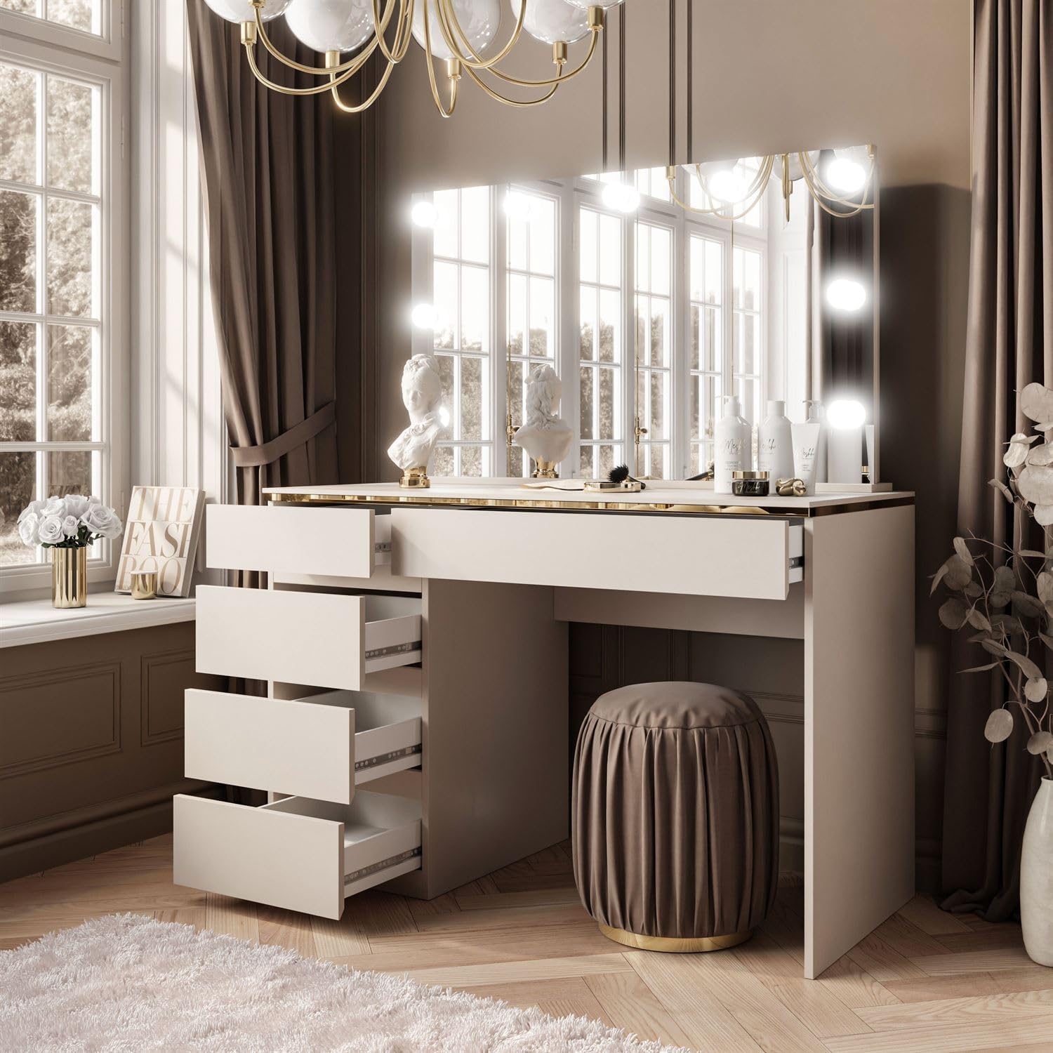 Lookway Schminktisch Aurora II Elite Kaschmir Matt, LED-Spiegel, Schubladen, Luxuriöses Design