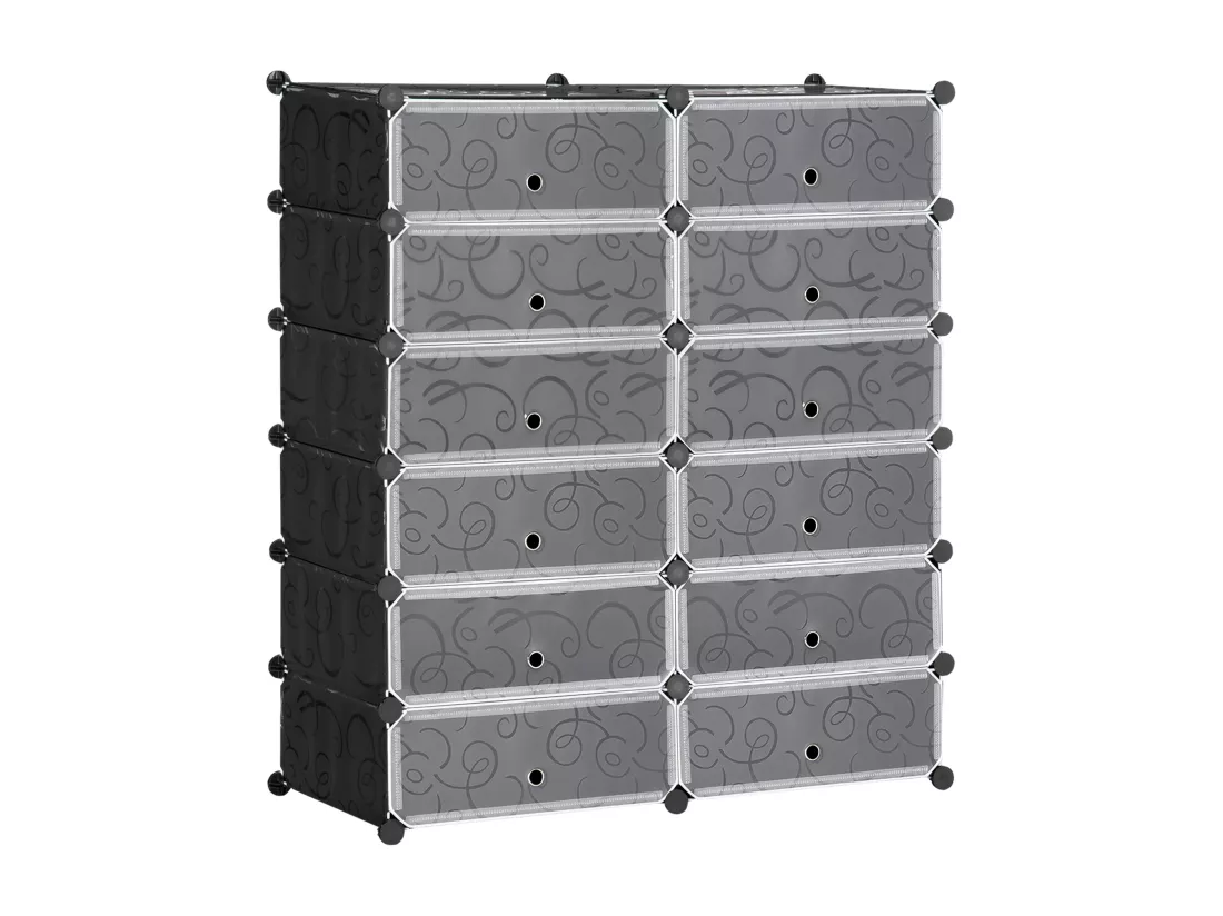 Meuble de rangement - meuble à chaussures modulable 12 casiers avec portes et étagères - dim. 94L x 37l x 108H cm - PP noir blanc