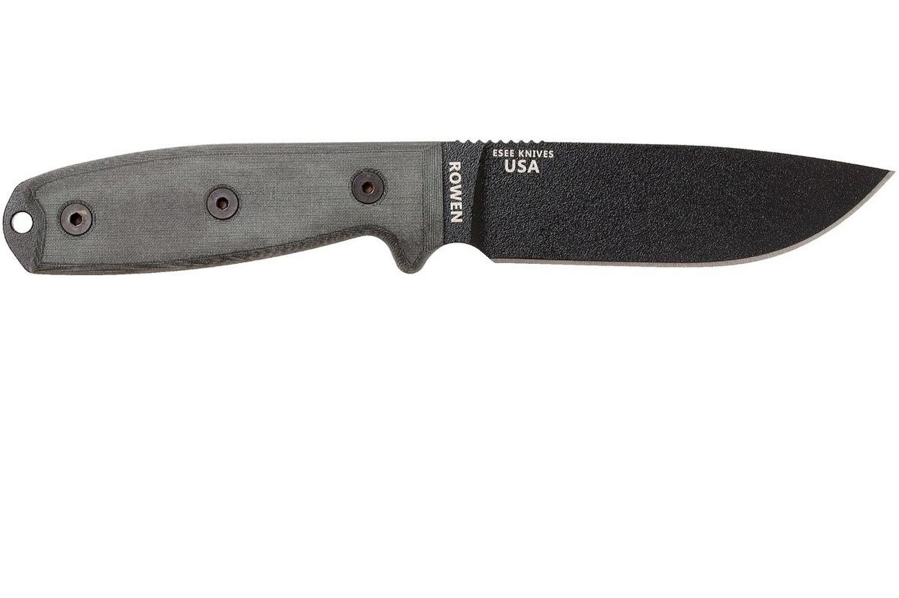 ESEE Model 4 black blade, grey handle 4P-MB met coyote schede   clip en MOLLE-back